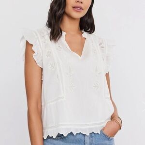 Velvet by Graham & Spencer Charlene Top – Embroidered Flutter Sleeve Blouse (M)